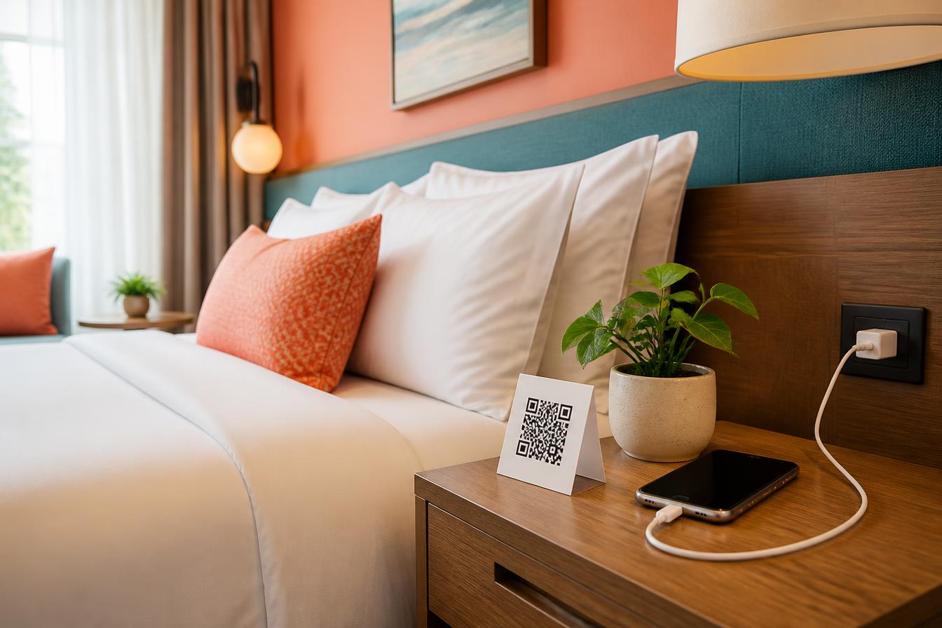 A modern hotel room with a QR code on the nightstand for guest essentials ordering